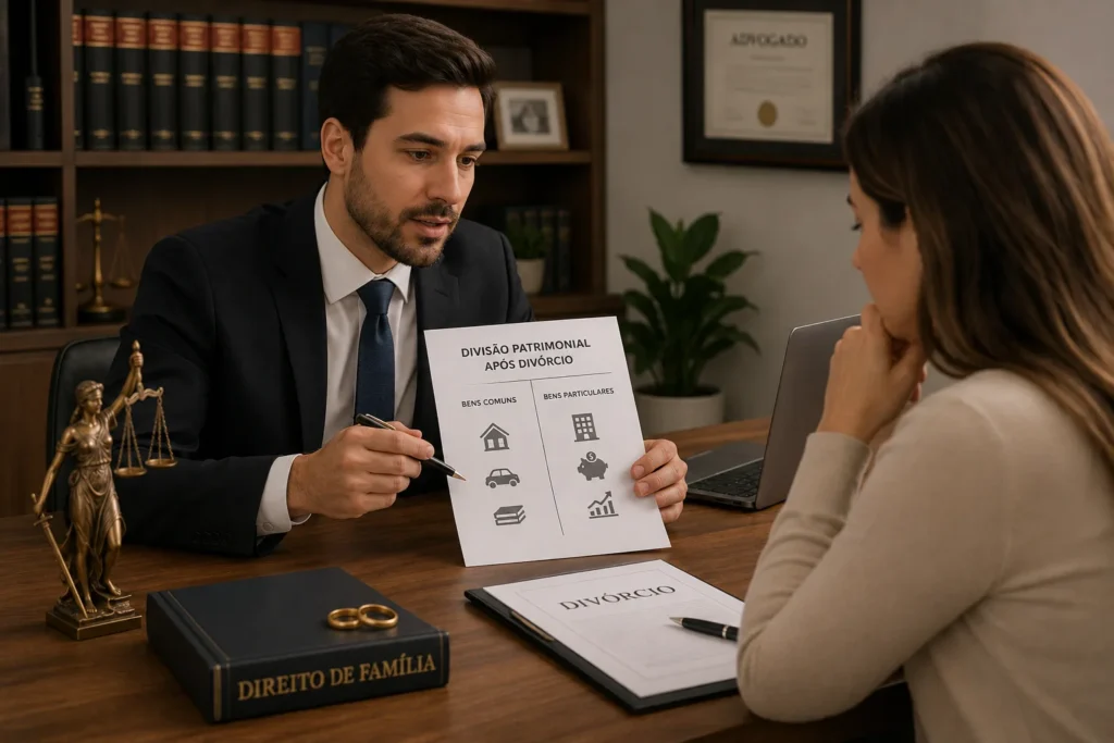 Advogado orientando cliente sobre divisão patrimonial após divórcio